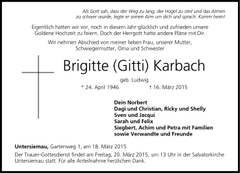 Traueranzeige von Brigitte Karbach von Neue Presse Coburg