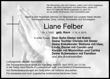 Traueranzeige von Liane Felber von Neue Presse Coburg