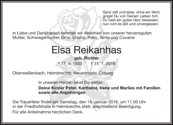 Traueranzeige von Elsa Reikanhas von Frankenpost