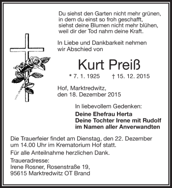 Traueranzeige von Kurt Preiß von Frankenpost