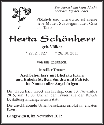 Traueranzeige von Herta Schönherr von Südthüringer Presse