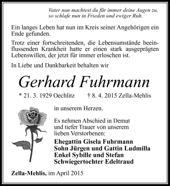 Traueranzeige von Gerhard Fuhrmann von Südthüringer Presse