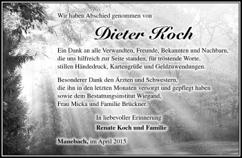 Traueranzeige von Dieter Koch von Südthüringer Presse