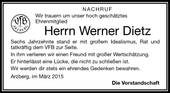 Traueranzeige von Werner Dietz von Frankenpost