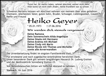Traueranzeige von Heiko Geyer von Südthüringer Presse