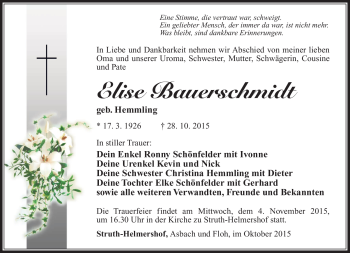 Traueranzeige von Elise Bauerschmidt von Südthüringer Presse