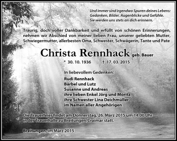 Traueranzeige von Christa Rennhack von Südthüringer Presse
