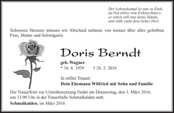 Traueranzeige von Doris Berndt von Südthüringer Presse