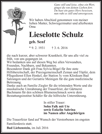 Traueranzeige von Lieselotte Schulz von Südthüringer Presse