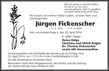 Traueranzeige von Jürgen Fickenscher von Frankenpost