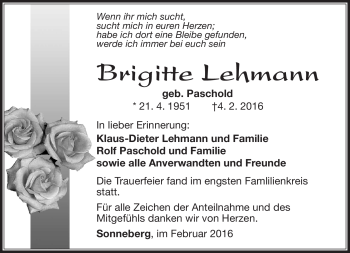 Traueranzeige von Brigitte Lehmann von Südthüringer Presse
