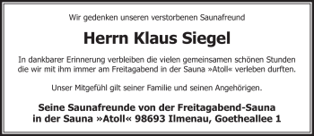 Traueranzeige von Klaus Siegel von Südthüringer Presse