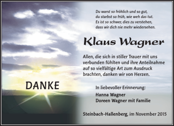 Traueranzeige von Klaus Wagner von Südthüringer Presse