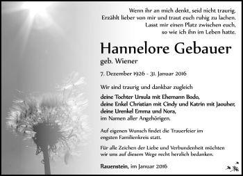 Traueranzeige von Hannelore Gebauer von Südthüringer Presse