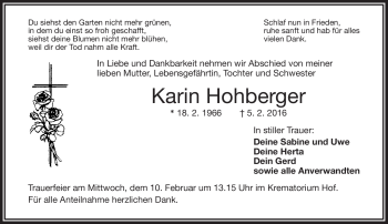 Traueranzeige von Karin Hohberger von Frankenpost