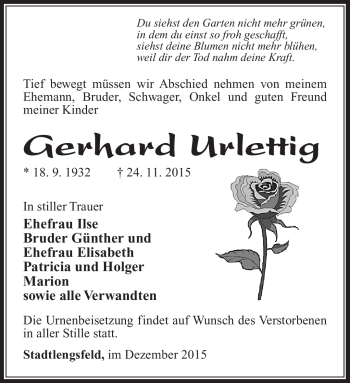 Traueranzeige von Gerhard Urtellig von Südthüringer Presse