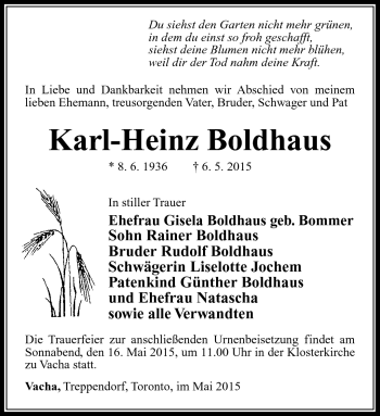 Traueranzeige von Karl-Heinz Boldhaus von Südthüringer Presse