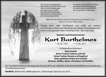 Traueranzeige von Kurt Barthelmes von Südthüringer Presse