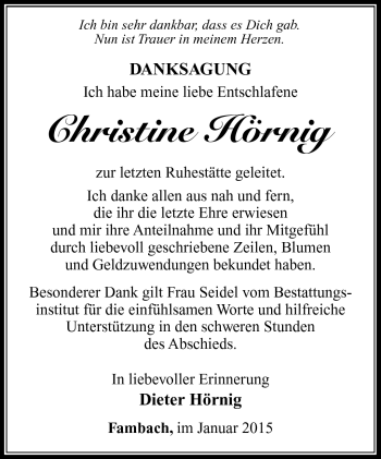 Traueranzeige von Christine Hörnig von Südthüringer Presse