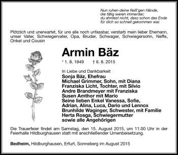 Traueranzeige von Armin Bäz von Südthüringer Presse