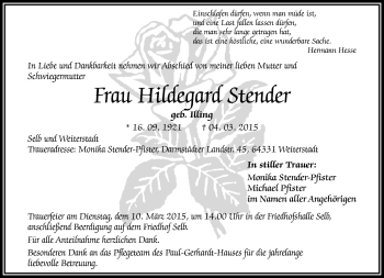 Traueranzeige von Hildegard Stender von Frankenpost