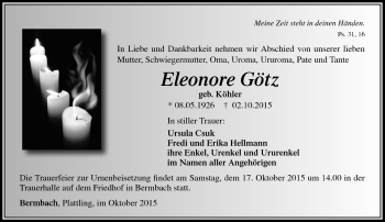 Traueranzeige von Eleonore Götz von Südthüringer Presse