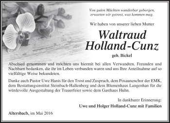 Traueranzeige von Waltraud Holland-Cunz von Südthüringer Presse