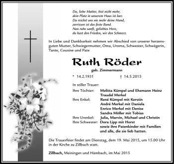 Traueranzeige von Ruth Röder von Südthüringer Presse