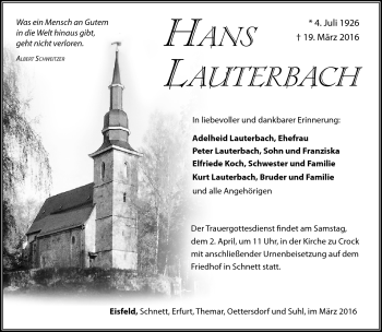 Traueranzeige von Hans Lauterbach von Südthüringer Presse