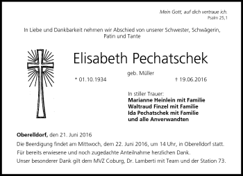 Traueranzeige von Elisabeth Pechatschek von Neue Presse Coburg