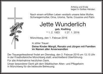 Traueranzeige von Jette Wunderlich von Frankenpost