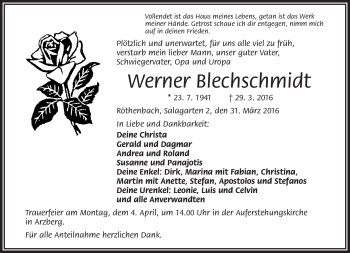 Traueranzeige von Werner Blechschmidt von Frankenpost