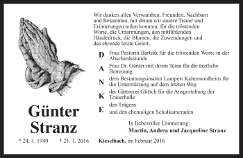 Traueranzeige von Günter Stranz von Südthüringer Presse
