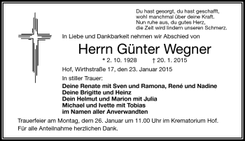 Traueranzeige von Günter Wegner von Frankenpost
