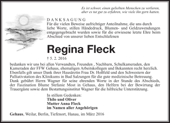 Traueranzeige von Regina Fleck von Südthüringer Presse
