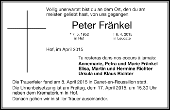 Traueranzeige von Peter Fränkel von Frankenpost