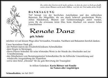 Traueranzeige von Renate Danz von Südthüringer Presse