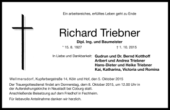 Traueranzeige von Richard Triebner von Neue Presse Coburg