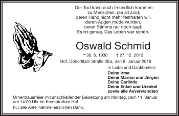 Traueranzeige von Oswald Schmid von Frankenpost