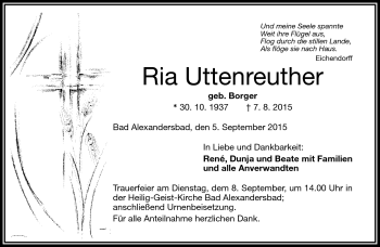 Traueranzeige von Ria Uttenreuther von Frankenpost