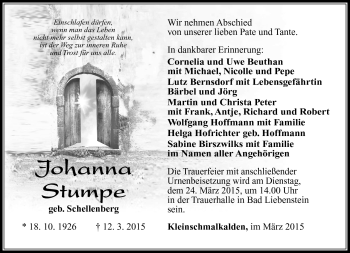 Traueranzeige von Johanna Stumpe von Südthüringer Presse