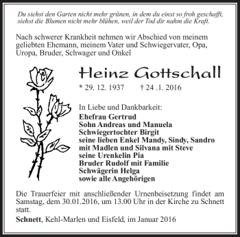 Traueranzeige von Heinz Gottschall von Südthüringer Presse