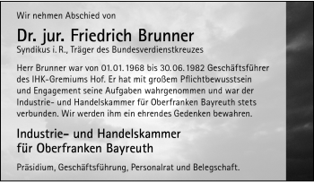 Traueranzeige von Friedrich Brunner von Frankenpost
