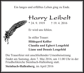 Traueranzeige von Harry Leibelt von Südthüringer Presse