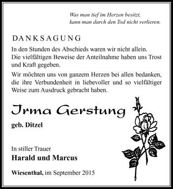Traueranzeige von Irma Gerstung von Südthüringer Presse