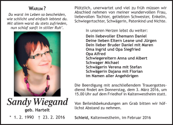 Traueranzeige von Sandy Wiegand von Südthüringer Presse
