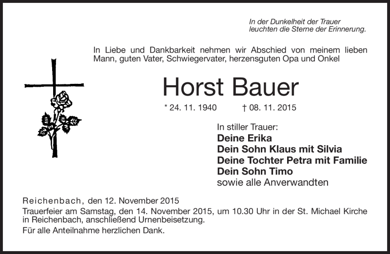  Traueranzeige für Horst Bauer vom 12.11.2015 aus Neue Presse Coburg