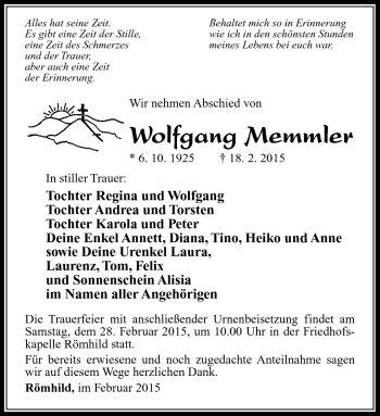 Traueranzeige von Wolfgang Memmler von Südthüringer Presse