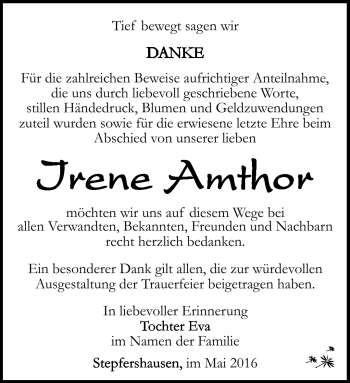 Traueranzeige von Irene Amthor von Südthüringer Presse