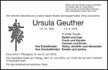 Traueranzeige von Ursula Geuther von Neue Presse Coburg